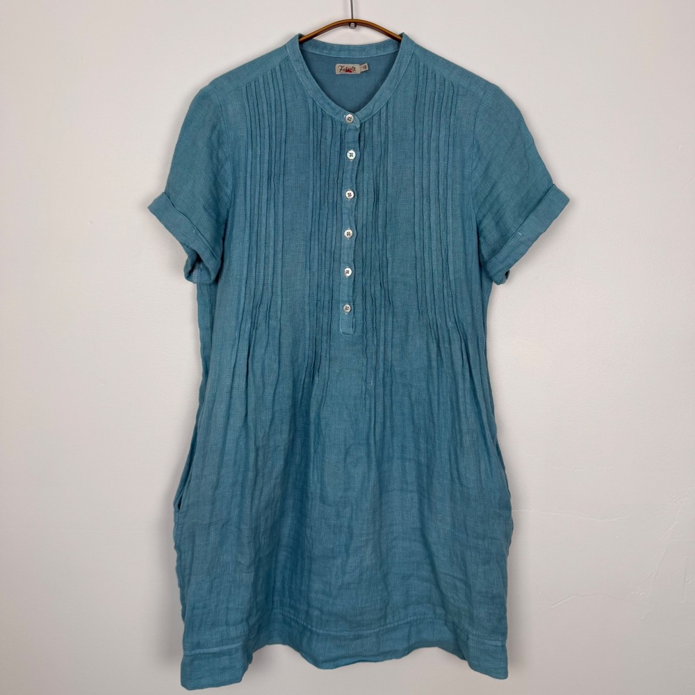 Faherty Gemina Basketweave Women Blue 100% Linen Pintuck Shift Dress Size S